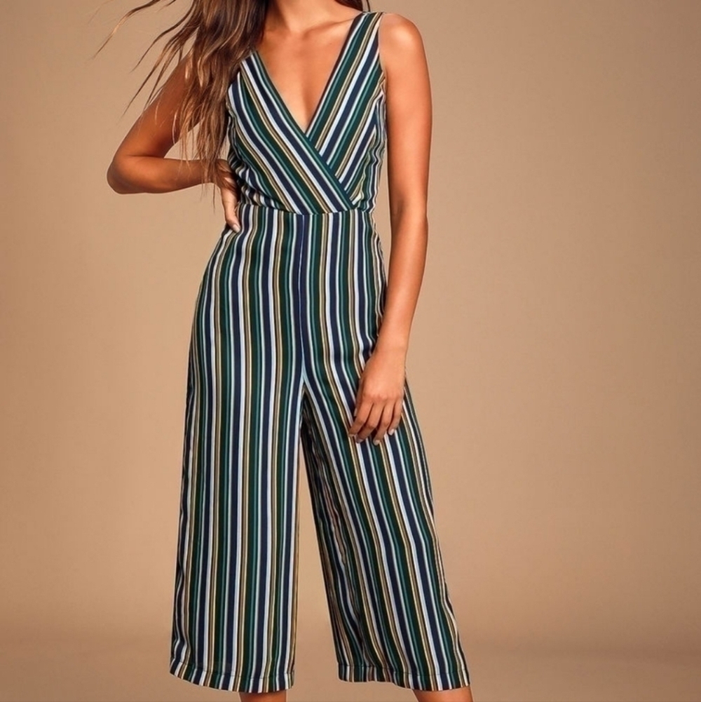 LULUS Allyson Navy Blue Multi Striped Tie-Back Culotte Jumpsuit, SZ Small Lulus